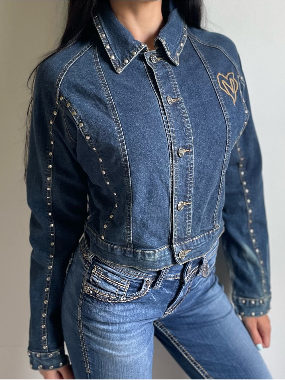 Meoshe Studded Cropped Denim Jacket